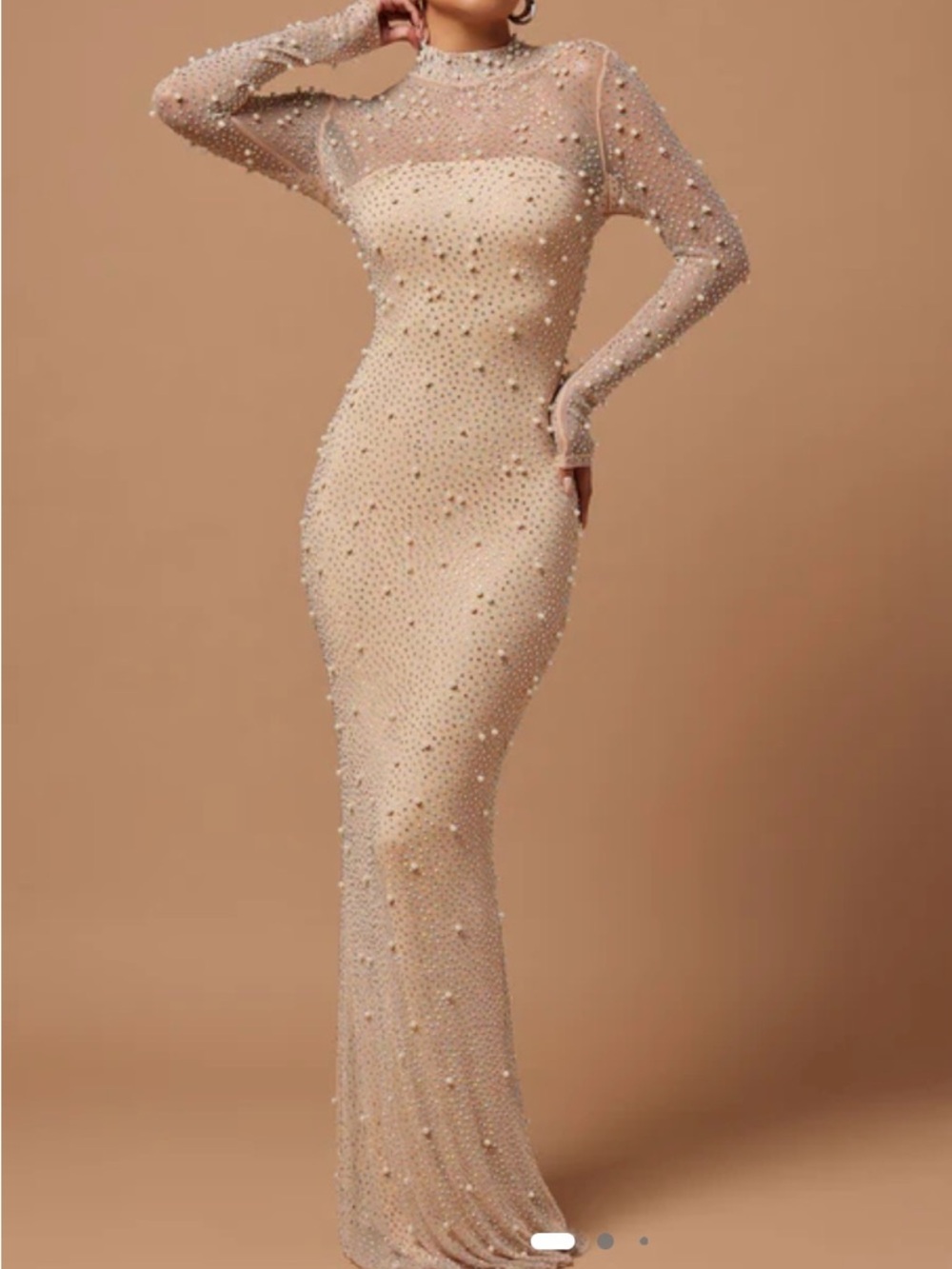 Nude Beaded/Crystal Long Sleeve Dress